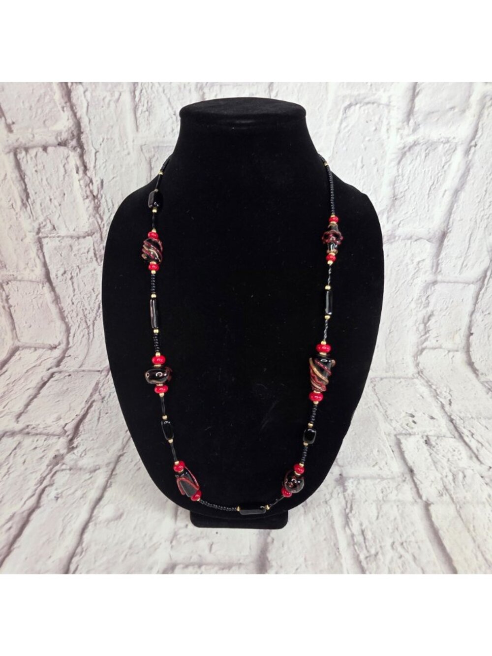 Vintage Glass Necklace & Earrings Set Venetian Murano? Black & Red Dangle - Picture 5 of 8